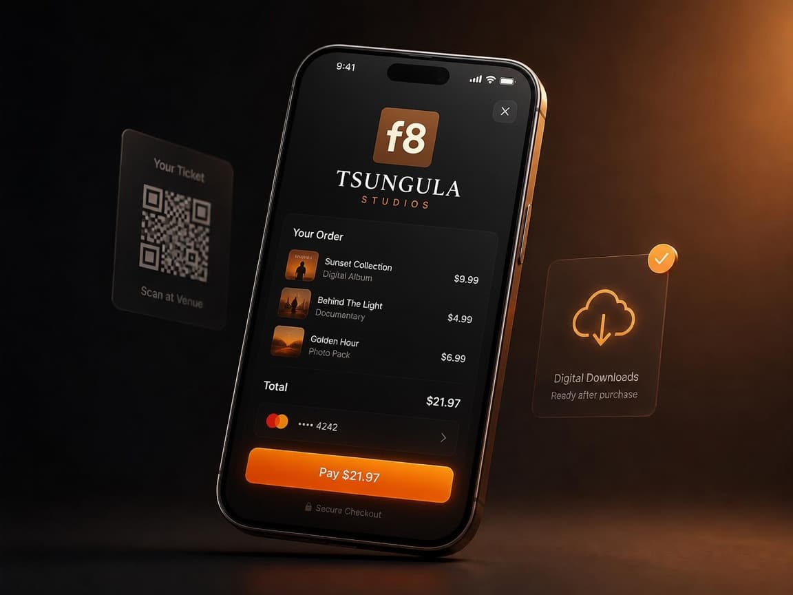 An f8pay checkout open on a phone: a branded order with three digital items, a $21.97 total, a saved card and a Pay button — flanked by a QR ticket and a digital-downloads card.